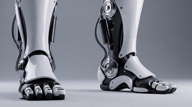 Close-up of robotic legs and feet with advanced metallic joints and sleek white plating technology automation artificial mechanical prosthetic engineering hardware
