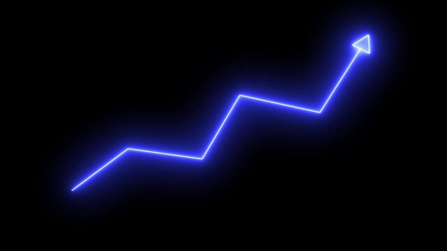 Glowing neon line market Recovery Concept. Successful growth trend red line graph going Up. Abstract neon line arrow business graph, Neon business growth arrow animation. abstract business down to up 
