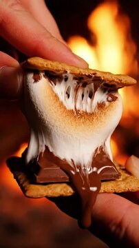 Premium Shot Of S'mores Sandwich With Toasted Marshmallow Squishing Melted Chocolate And Graham Cracker Ready To Serve