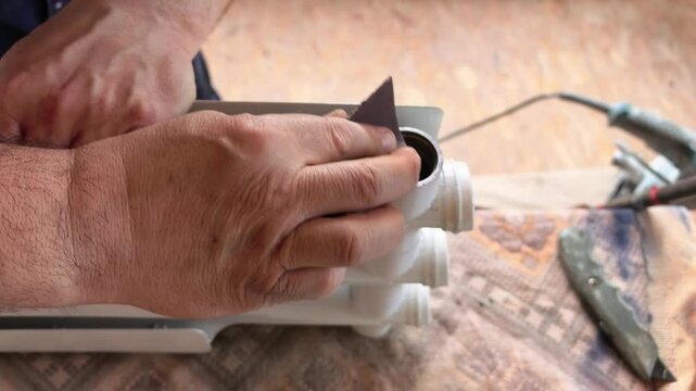 Hands use a sandpaper tool on a plastic item in a workshop. The person is preparing the surface for a project. Focus is on the work being done and the tools in use.
