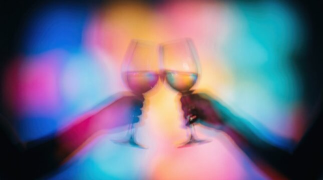 Toasting wine glasses at evening celebration with bokeh