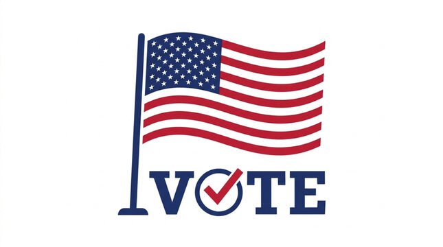 American flag featuring a checkmark icon promotes the action of voting in a national election.