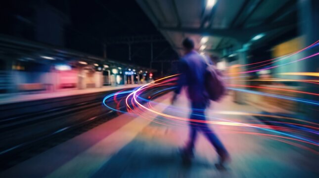 Man walking at night train station with colorful motion blur