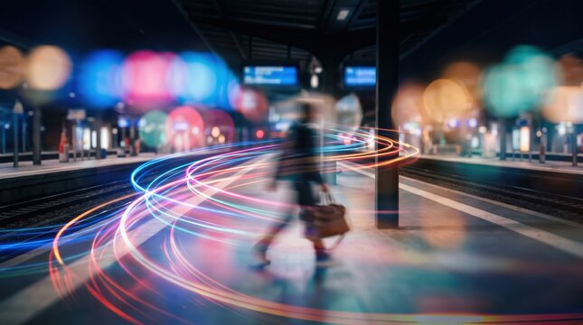 Evening train station with motion blur and colorful light