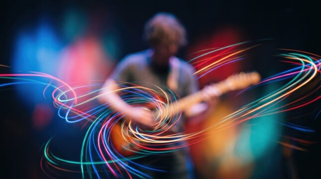 Guitarist performs on stage with colorful concert lights