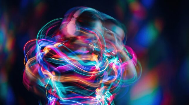 Person dancing with headphones in bright party light