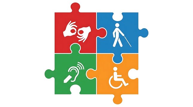 Four colorful puzzle pieces representing diverse disability access icons on a clean white space
