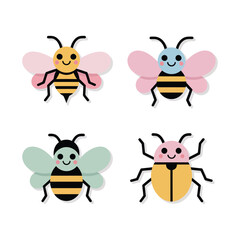 Obraz premium Happy Bees And Ladybug, Bright Striped Wings And Hearts, Colorful Flat Vector Icons, Spring Garden Insect Sticker Pack Clipart Collection