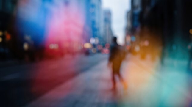 Blurred pedestrian on busy downtown street at evening