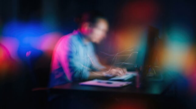 Person working at computer at night with colorful lights