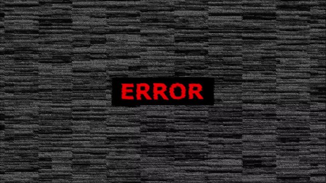 Critical digital failure warning displays red error text with error analog TV static sound for technology projects and server outages. 4k video