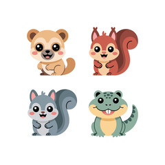 Fototapeta premium Forest Animals Faces, Squirrel Puppy Fox Frog Characters, Colors, Cute Flat Style, Sticker Pack, Icon Set, Clipart Collection, Vector Icons