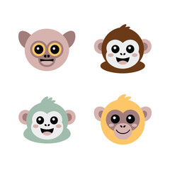 Fototapeta premium Monkey Faces Collection, Cute Primate Heads With Different Expressions, Colorful Flat Style, Sticker Pack, Icon Set, Clipart Collection, Vector Icons