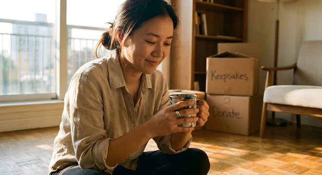 Mujer joven feliz relaj&aacute;ndose con una taza de caf&eacute; en su nuevo hogar durante la mudanza, rodeada de cajas de cart&oacute;n