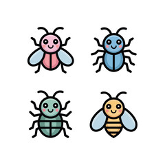Fototapeta premium Cute Bug Icons, Ladybug Beetle Bee And Fly Outlines, Flat Colors, Sticker Pack Icon Set, Flat Vector Icons, Clipart Collection