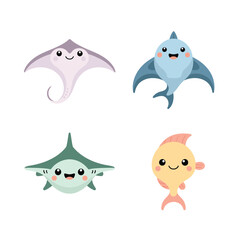 Fototapeta premium Marine Life Collection, Manta Ray Dolphin Stingray And Sunfish Characters, Cute, Sticker Pack Icon Set, Flat Vector Icons, Clipart Collection