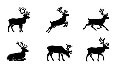 Reindeer Silhouettes Vector Pack: Six Dynamic Poses of Majestic Antlered Deer, Ideal for Winter Holiday and Wildlife Graphics © Jharna