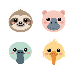 Fototapeta premium Jungle Animal Faces, Sloth Hippo Platypus Tropical Bird, Cute Kawaii Style, Flat Vector Icons, Kids Illustration Clipart Collection Sticker Pack
