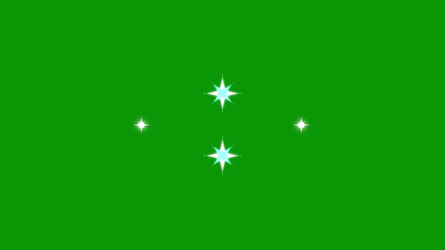 Twinkling stars animation, fast line glitter motion, white cartoon blinking stars, flat vector doodle sparkle, glowing light trails, 2d shining twinkle effect on green screen background 4k video