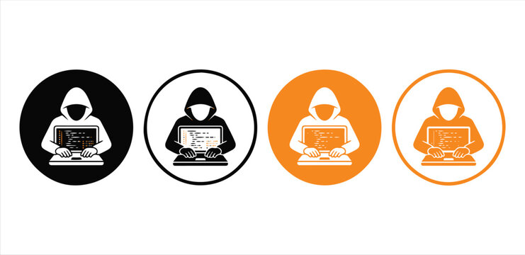 A digital vector illustration set featuring four stylized hooded hacker icons working on laptops with coding syntax displayed in orange and black circular badge design elements.