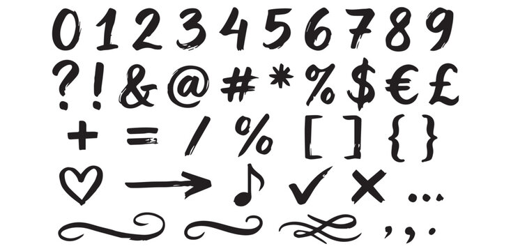 Handwritten Numbers, Symbols, and Punctuation with a Brushstroke Style