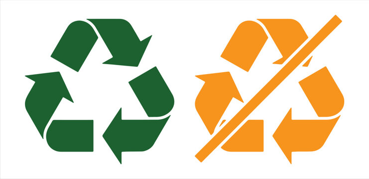 A vibrant green vector illustration depicting a standard recycle symbol alongside a bold orange non-recyclable sign featuring a diagonal line across the classic triangular arrow loop.