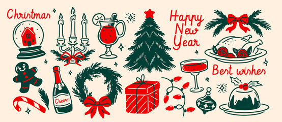 Fototapeta premium Set of Christmas doodle sketches. New Year party elements with wreath, gift, garland, Christmas tree and gingerbread. Winter holiday. Vector illustration collection isolated on background