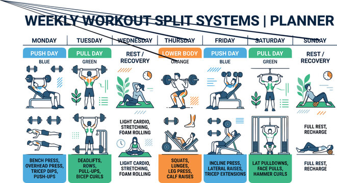 Weekly workout split systems planner infographic illustration showing a seven day fitness routine schedule template for gym tracking and commercial training apps