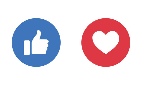 Social media reaction icons, facebook like thumb up and love heart emoji symbols
