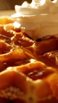 Macro Shot Of Belgian Waffle Grid Pattern With Maple Syrup Pooling In Holes Whipped Cream Dollop And Crispy Edges In Golden Morning Light Sharp Detail Food Commercial
