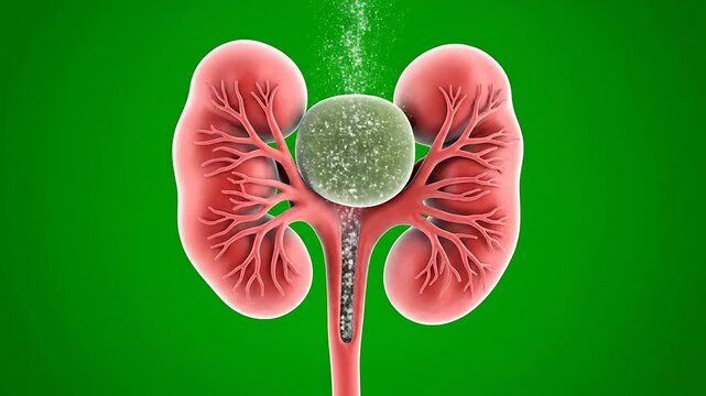 Detailed 3D CGI Animation of Nephron Anatomy with Kidney Structure and Renal Tubules Set Against a Green Background for Medical and Educational Use
