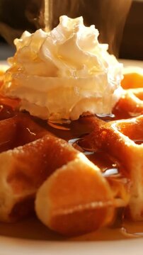Detailed Close Up Of Belgian Waffle Grid Pattern With Maple Syrup Pooling In Holes Whipped Cream Dollop And Crispy Edges In Golden Morning Light Sharp Detail Food Commercial