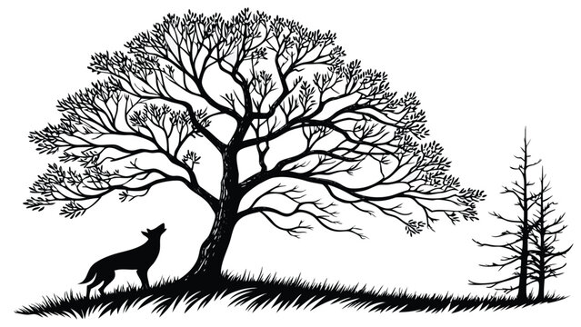 A black wolf howls under a large tree in the forest