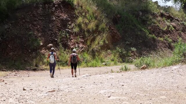 Two women hike along rocky trail in sunny wilderness