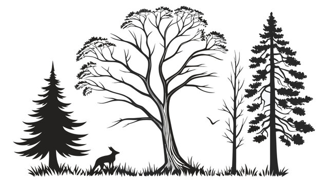 Black and white silhouette of trees and a deer in a forest