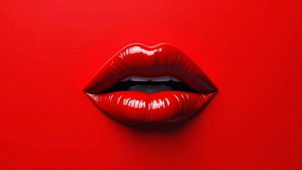 Obraz premium Glossy red lips with white teeth against a vibrant red background, showcasing a bold and striking beauty aesthetic in a close-up view