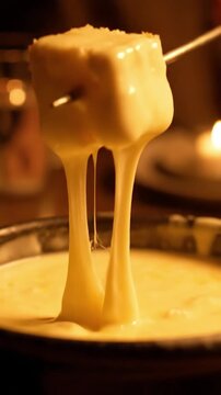 Cinematic View Of Bread Cube Being Dipped Into Bubbling Melted Cheese Fondue With Stretching Cheese Strings In Cozy Winter Lighting Communal Dining Food Commercial