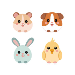Fototapeta premium Adorable Pets Collection, Hamster Puppy Bunny Chick Faces, Cute Colorful Style, Flat Vector Icons, Nursery Decor Clipart Collection Decorative Elements