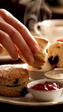 Macro Shot Of Breaking Open A Blueberry Scone With Steam Escaping Clotted Cream And Jam On Side