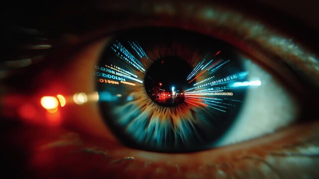 An extreme close up shot of a human eye showing intense digital light streaks reflecting in the pupil and colorful textures within the iris