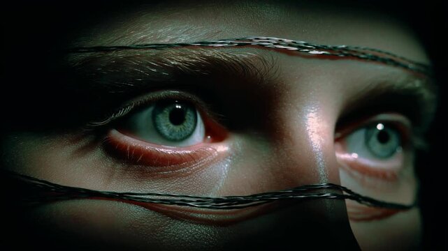 A dramatic close up portrait focusing on human eyes wrapped in thin metal wire capturing an intense gaze and emotional depth with sharp texture and moody lighting
