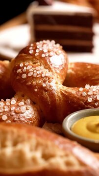 Premium Shot Of Coarse Salt On A Soft Pretzel With Twisted Knot Shape And Golden Brown Skin Beside Mustard Dip Ready To Serve