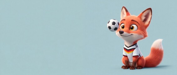 Obraz premium Cute cartoon fox soccer player balancing football on nose wearing Germany jersey. Playful animal mascot character sitting on blue background banner with copy space for sports tournament championship.