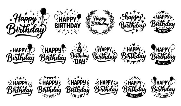 Elegant black and white happy birthday calligraphy designs with balloons stars and festive decorations vector pack