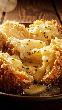 Macro Shot Of Crispy Smashed Potatoes With Glistening Garlic Herb Butter Parmesan Crust And Steam Rising In Rustic Golden Lighting Texture Rich Side Dish Commercial