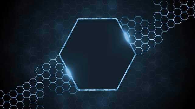 Abstract background with glowing hexagon frame and honeycomb pattern animation
