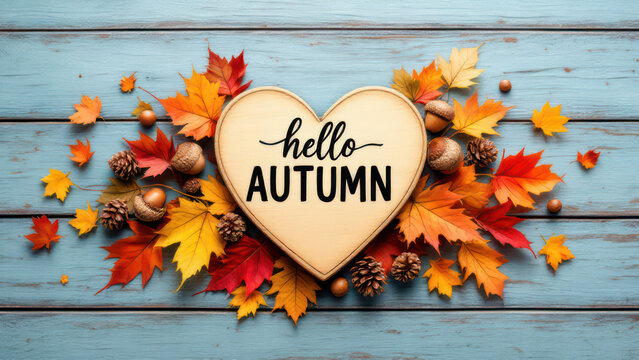 Hello autumn heart with colorful leaves