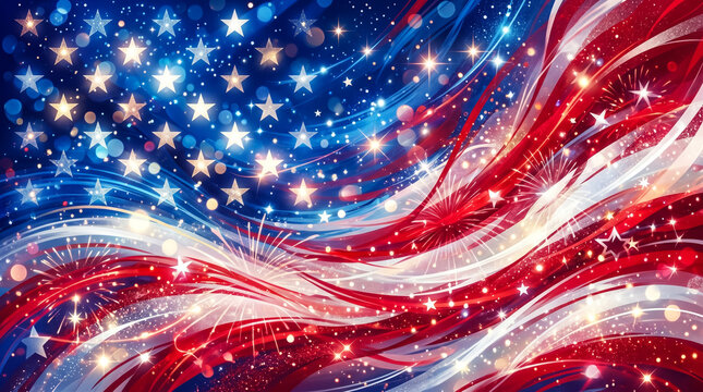 Abstract representation of the american flag featuring flowing red white and blue ribbons combined with glowing golden stars and bright festive firework light particle effects