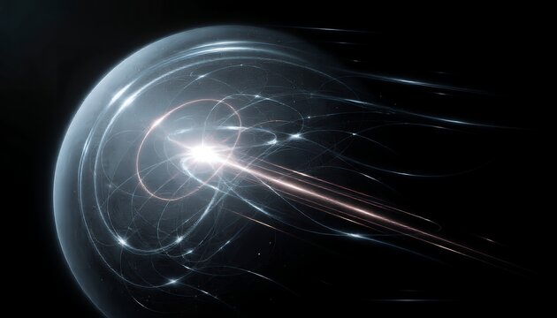 A glowing white orb emits streaks of light against a dark background with swirling patterns and bright spots around it.