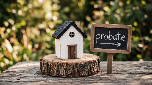Small house model and chalkboard sign with the word probate written on it concept for real estate inheritance and legal estate planning inheritance property succession